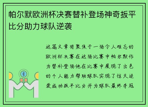 帕尔默欧洲杯决赛替补登场神奇扳平比分助力球队逆袭